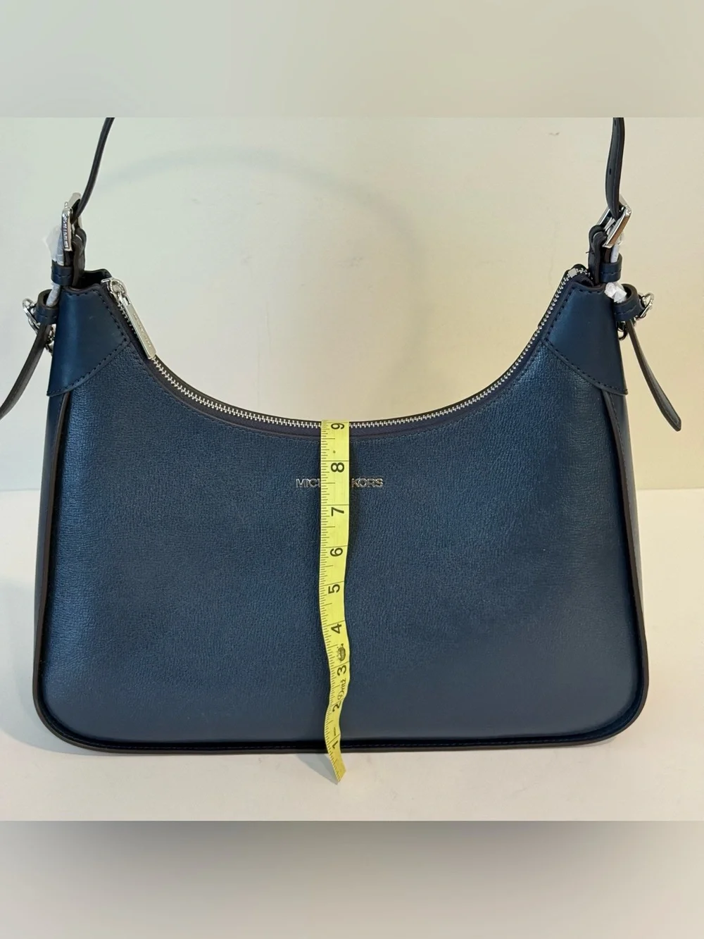 Michael Kors Wilma Navy Blue Leather Purse Silver Tone Chain Shoulder Bag